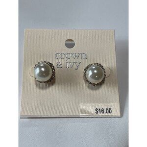 Crown & Ivy Faux Pearl Stud Earrings With Rhinestone Accents Costume Jewelry